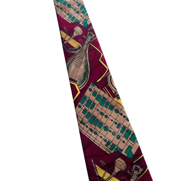 Vintage Santé 100% Silk Music-Themed Burgundy Necktie With Lute & Sheet Music - Picture 3 of 5